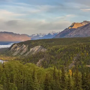 USA, Alaska. Fall colors in the Matanuska River Valley with the Matanuska Glacier in USA, Alaska. Fall colors in the Matanuska River Valley with the Matanuska Glacier in