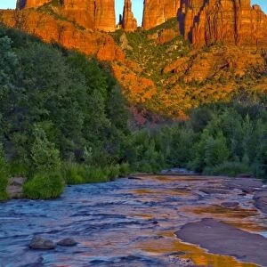 USA, Arizona, Sedona, Red Rock State Park. Cathedral Rock formation reflecting