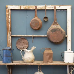 USA, California. Old pots, pans and water pitchers. (PR) USA, California. Old pots, pans and water pitchers. (PR)