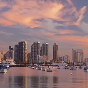 USA, California, San Diego. Sunset view of marina and downtown
