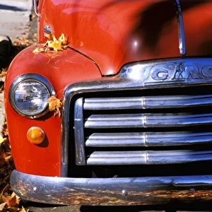 USA, California, Santa Barbara, Old GMC truck during fall