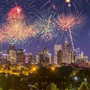 USA, Colorado, Denver. Fireworks over city on July 4th