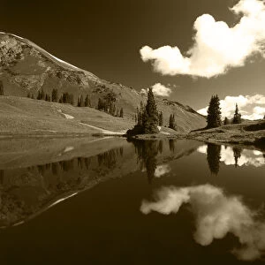 USA, Colorado, Gunnison National Forest, View of clouds and trees reflecting in
