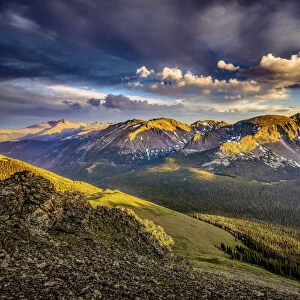 USA, Colorado, Rocky Mountain National Park. Mountain and valley landscape at sunset