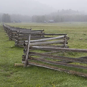 USA, Idaho, Sawtooth Mountains. Split-rail fence divides field in misty farm country