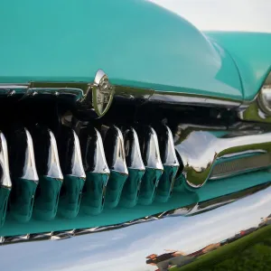 USA, Maine, Auburn. Detail of antique car grill at a car show