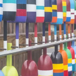 USA, Maine Cape Neddick. New lobster buoys for sale USA, Maine Cape Neddick. New lobster buoys for sale