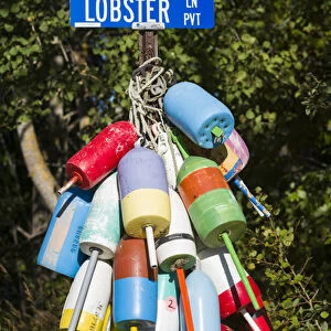 USA, Maine, Owls Head, sign for Lobster Lane with lobster buoys