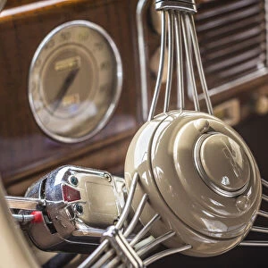 USA, Massachusetts, Essex. Antique cars, 1940 s-era steering wheel interior detail