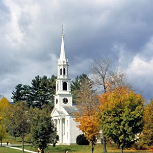 USA, Massachusetts, Williamstown. A pretty, white-spired chapel is surrounded by