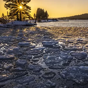 USA, Minnesota, Lake Superior. Lake ice at sunset. Credit as