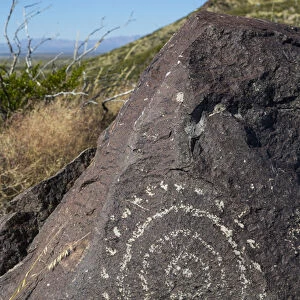 USA, New Mexico, Three Rivers Petroglyph Site. Petroglyph etching on rock. Credit as
