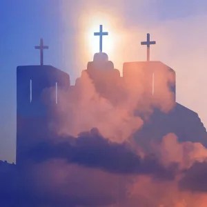 USA, New Mexico, Taos. Composite of church and clouds