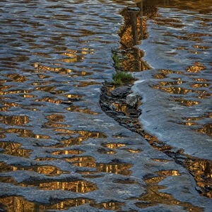 USA, New York, Watkins Glen. Reflections in water on rock