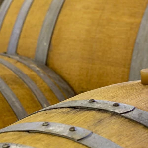 USA, Oregon, Elk Cove Winery. Oak barrels close-up