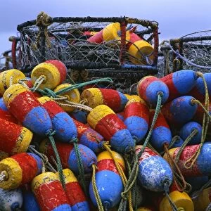 USA, Oregon, Newport. Crab rings and floats on dock
