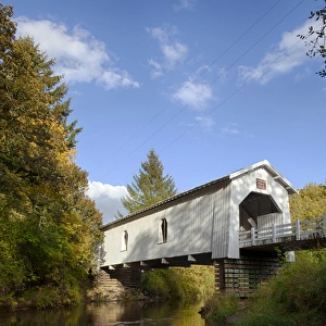 USA, Oregon, Scio, Hoffman Bridge across Crabtree Creek in early Autumn. Digital Composite