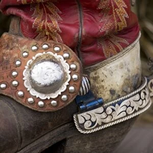 USA, Oregon, Seneca, Ponderosa Ranch. Detail of fancy cowgirl boot with spur