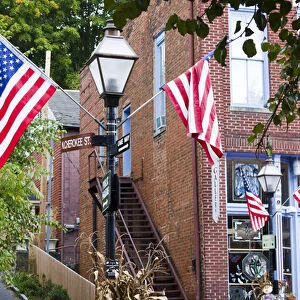USA, Tennessee, Jonesborough. Oldest town in Tennessee, Main Street, US flags