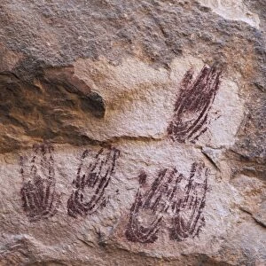 USA, Texas, Seminole Canyon State Historic Park. Close-up of hand-print pictographs in Panther Cave