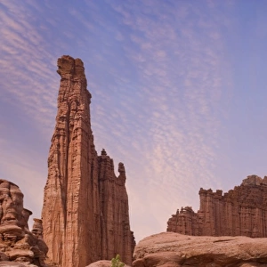 USA, Utah. Sunset on Fisher Towers sandstone formations