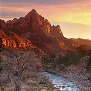 USA, Utah, Zion National Park. The Watchman and Virgin River at sunset