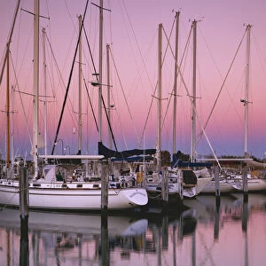 USA, Virginia, Chesapeake Bay, Sailboats at Dusk