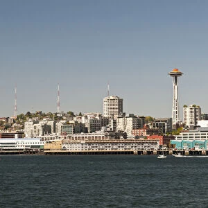 USA, WA, Seattle. Downtown skyline and Alaskan Way waterfront as seen from Bainbridge ferry