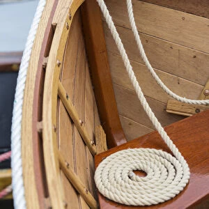 USA, Washington. Coiled line in wooden boat at the Bainbridge Island Wooden Boat Festival