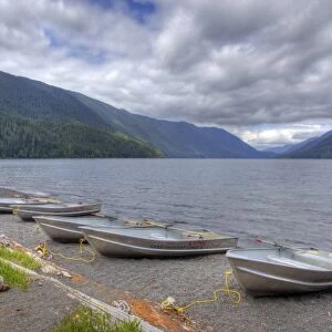USA, Washington, Olympic National Park, Lake Crescent, boats at the shore
