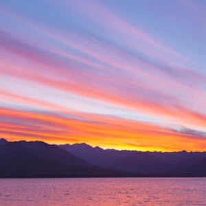 USA, Washington, Seabeck. Sunset panoramic over the Olympic Mountains and Hood Canal
