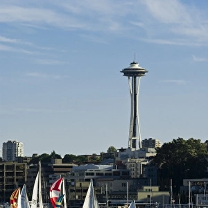 USA, Washington, Seattle. Duck Dodge sailboat race on Lake Union below the Space Needle