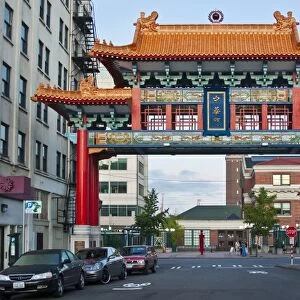 USA, Washington, Seattle. Ornate archway designates Chinatown International District