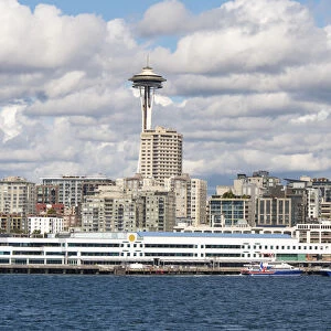 USA, Washington State. Bright day Seattle waterfront. Victoria Clipper ferry terminal