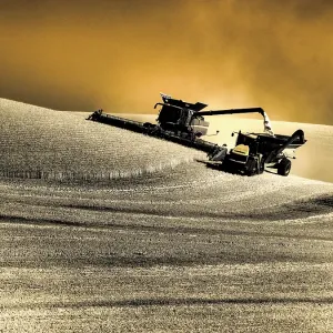 USA, Washington State, Palouse. Infrared combine harvesting on hillside and emptying into loader USA, Washington State, Palouse. Infrared combine harvesting on hillside and emptying into loader