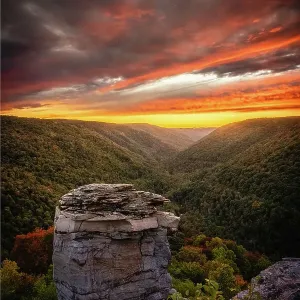 USA, West Virginia, Blackwater Falls State Park. Sunset on mountain overlook