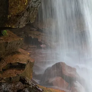Estados Unidos, Virginia Occidental, Parque Estatal Blackwater Falls. Salpicadura de la cascada en rocas. Estados Unidos, Virginia Occidental, Parque Estatal Blackwater Falls. Salpicadura de la cascada en rocas.