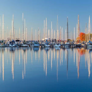 USA, Wisconsin. Panoramic view of Fall colors reflected on the still waters of the harbor