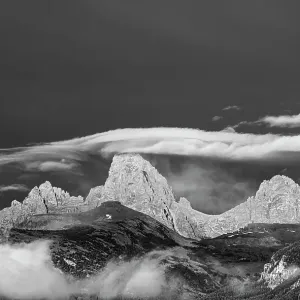 USA, Wyoming. Black and white of stratus clouds forming over Teton Range seen from the west USA, Wyoming. Black and white of stratus clouds forming over Teton Range seen from the west