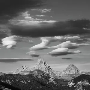 USA, Wyoming. Black and white of unusual clouds form over Mount Owen, Grand and Middle Teton seen from west USA, Wyoming. Black and white of unusual clouds form over Mount Owen, Grand and Middle Teton seen from west