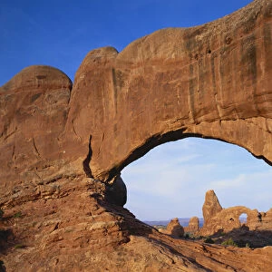 Utah, Arches National Park, Double Arch, Turret Arch, Sunlight on rock formations