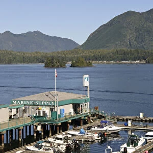 Vancouver Island, Tofino. Dock and marine supply store, Meares Island in background