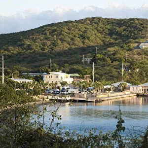 Vieques, Puerto Rico - A seaside marina is set in the waters of a calm ocean bay