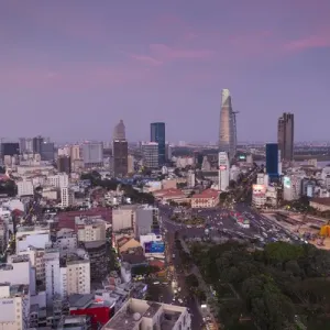 Vietnam, Ho Chi Minh City, elevated city view above Quach Thi Trang Circle, dusk Vietnam, Ho Chi Minh City, elevated city view above Quach Thi Trang Circle, dusk