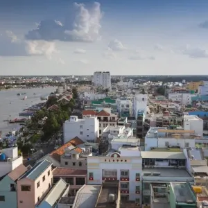 Vietnam, Mekong Delta, Can Tho, elevated view of city and Can Tho River Vietnam, Mekong Delta, Can Tho, elevated view of city and Can Tho River