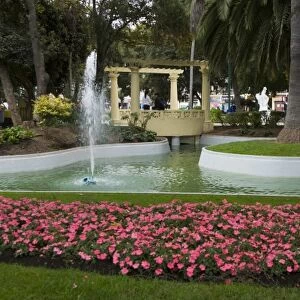 ViOa del Mar, Chile. South America. Flowers and fountain in Jose Vergara Plaza