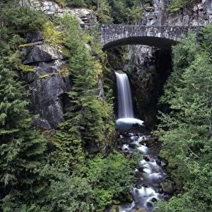 WA, Mt. Rainier NP, Christine Falls and stone bridge