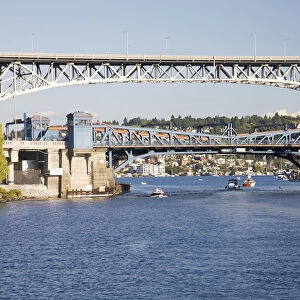 WA, Seattle, Lake Union with Interstate 5 and Lake Washington Ship Canal Bridge