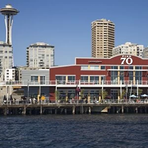 WA, Seattle, Pier 70 and Space Needle from Elliott Bay