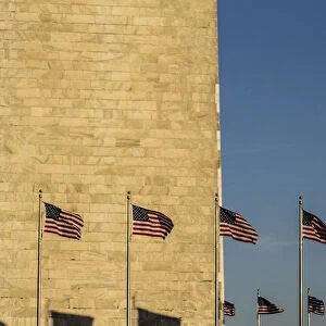 Washington, DC. Washington Monument and two lines of American Flags